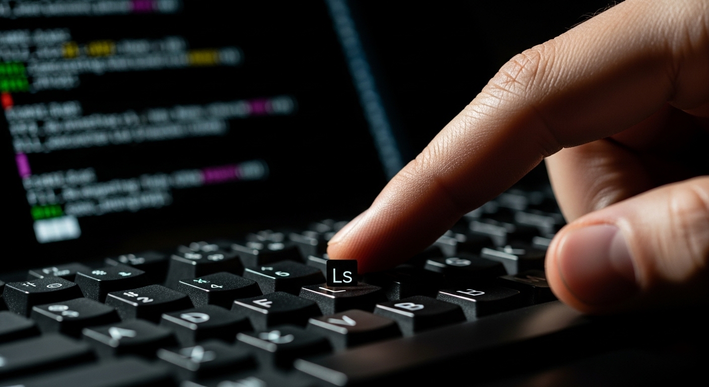 리눅스 터미널에 첫 명령어인 ls를 입력하는 손가락 클로즈업 사진