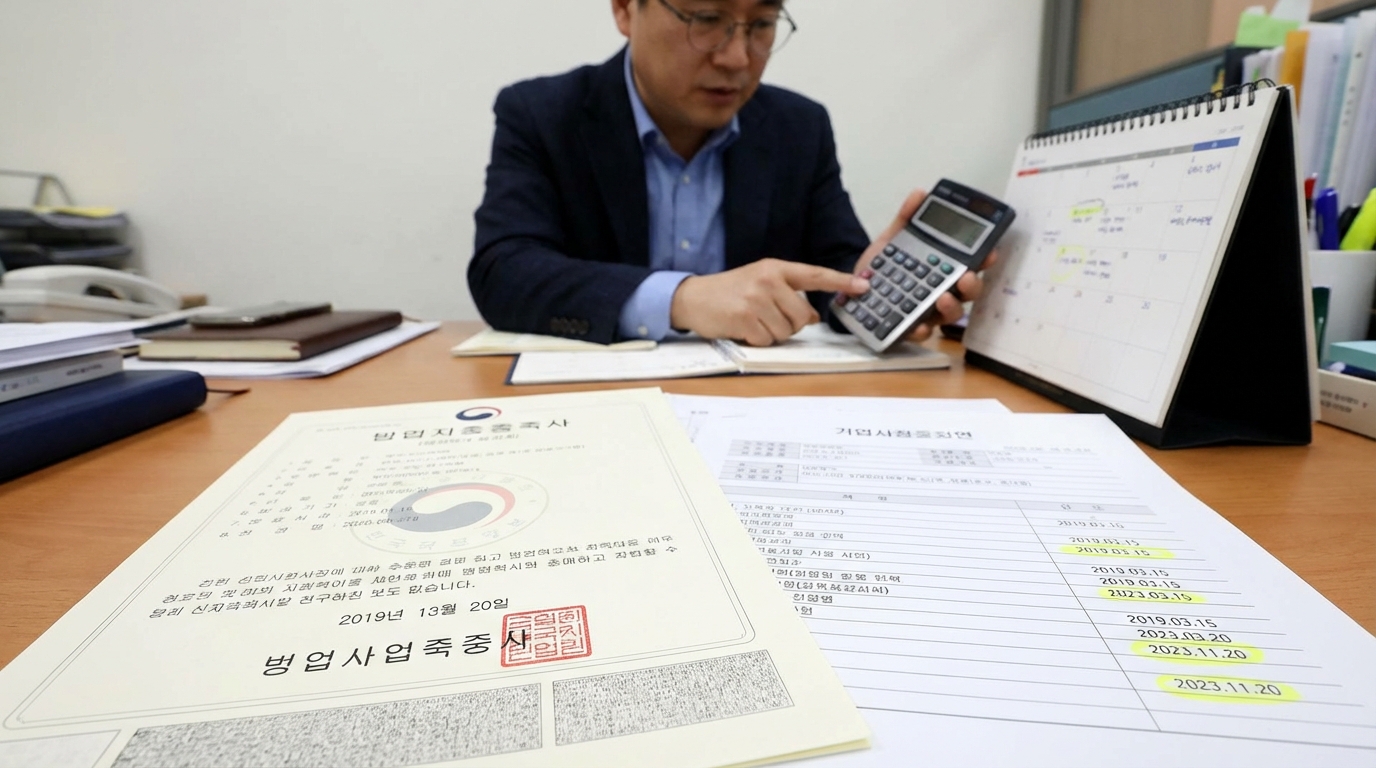 한국 사업자의 창업 인정 기준과 업력 산정법을 보여주는 서류와 계산하는 모습