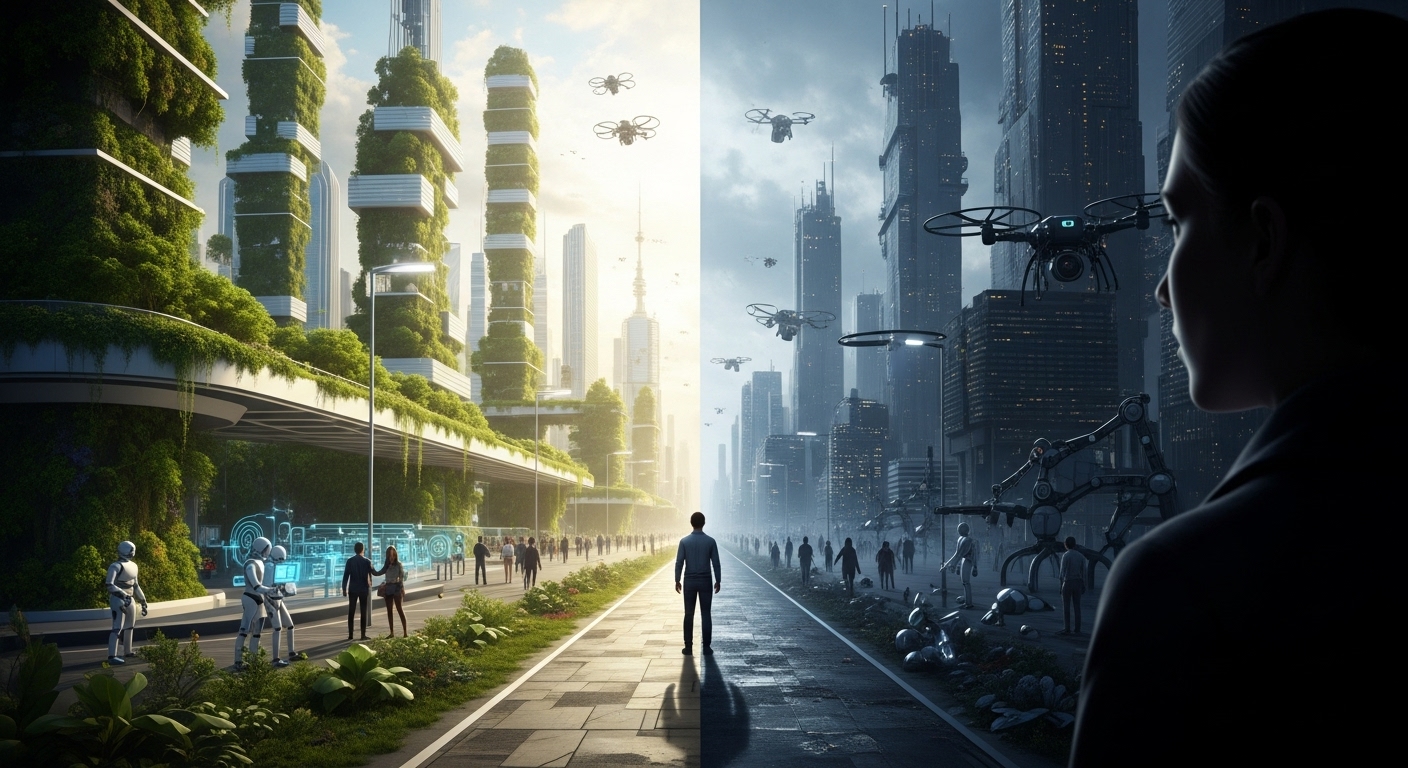 AGI가 가져올 유토피아적 미래와 디스토피아적 미래의 양면성을 보여주는 이미지