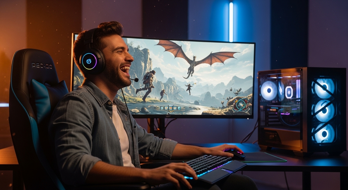 최적화된 PC로 최고의 게이밍 경험을 즐기는 만족스러운 표정의 게이머