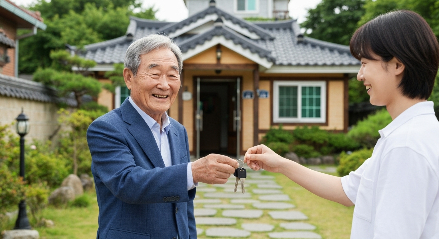 한국의 작은 게스트하우스에서 은퇴 창업자가 고객에게 열쇠를 건네는 모습