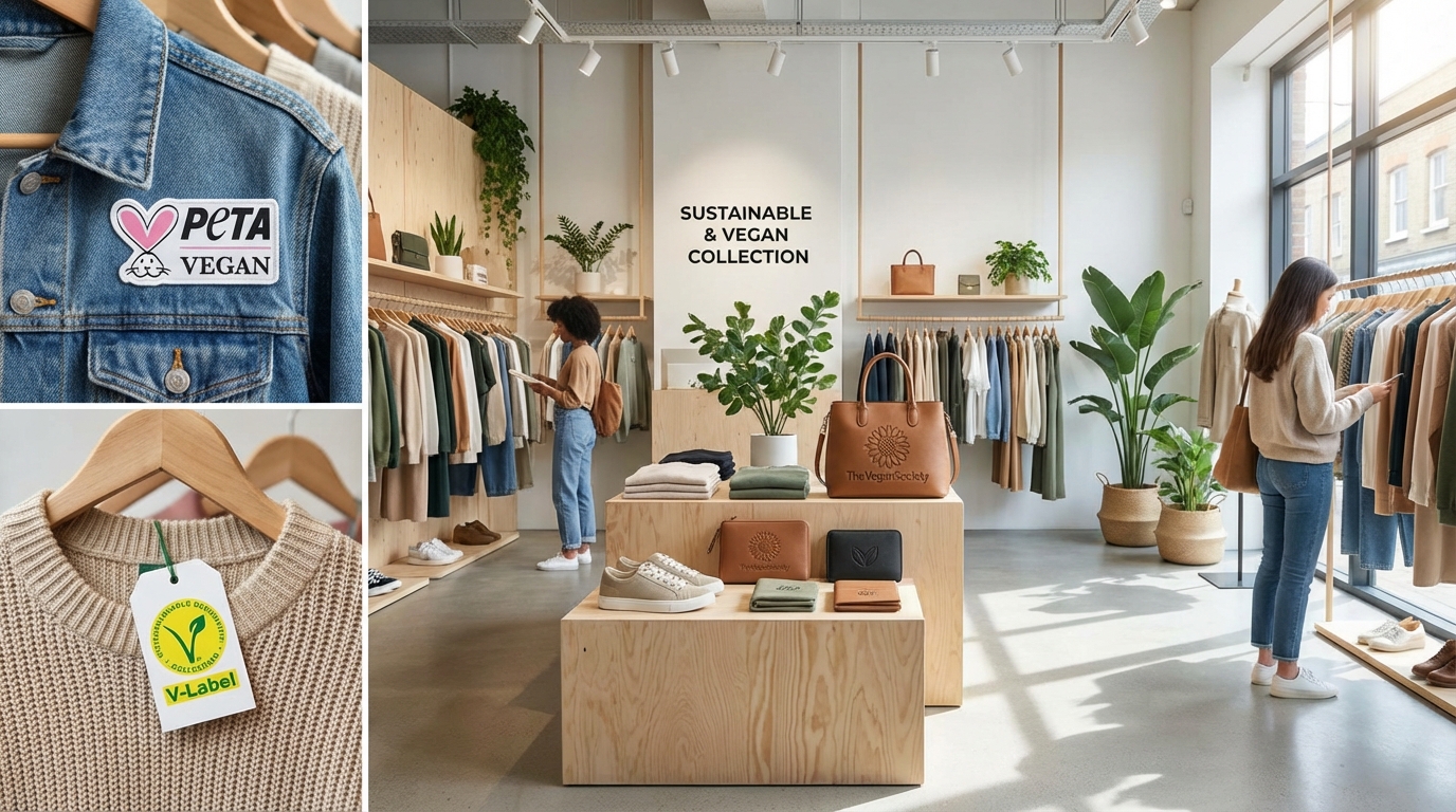 비건 인증 마크들이 포함된 윤리적 패션 액세서리와 의류