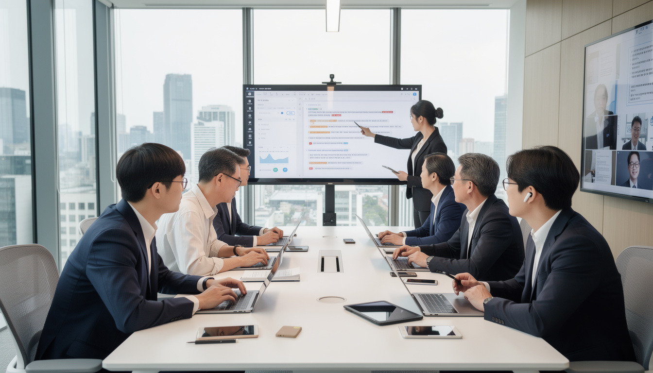 밝은 회의실에서 클라우드 그룹웨어로 실시간 문서 편집, 메신저, 화상통화를 하며 협업 중인 한국인 직장인들