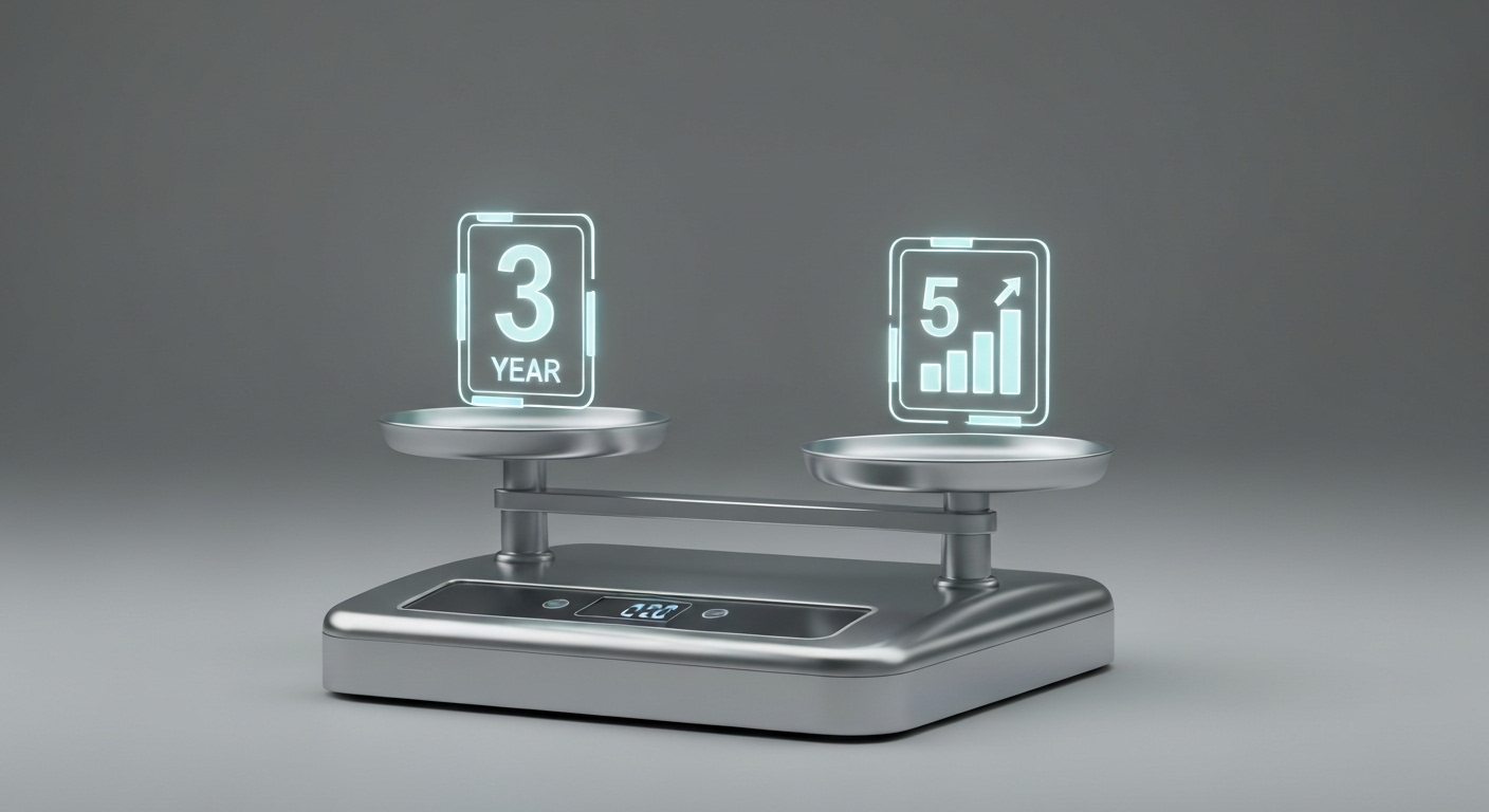 청년미래적금(3년)과 청년도약계좌(5년)를 저울로 비교하며 현명한 선택을 고민하는 모습