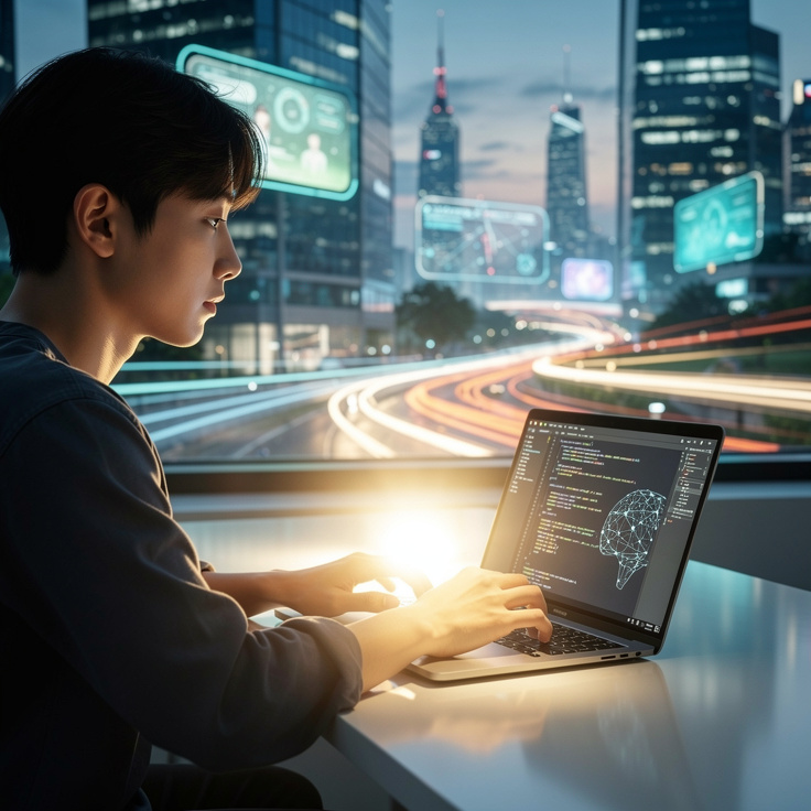 AI 학습의 첫걸음을 내딛는 한국인과 희망찬 미래 상징 이미지