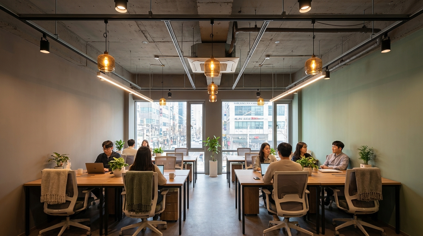 웜 그레이와 세이지 그린 컬러를 활용한 노출 천장과 조명 레이어링이 적용된 사무실 인테리어