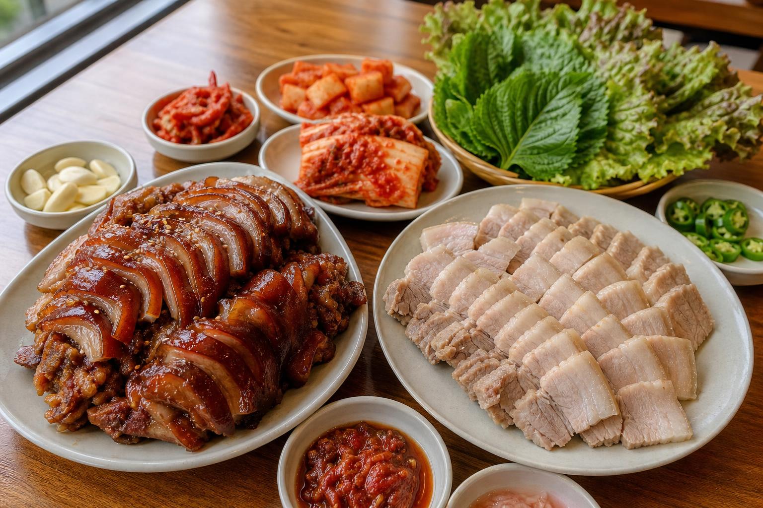 쫀득한 족발과 담백한 보쌈을 한 상에서 비교한 점심 상차림