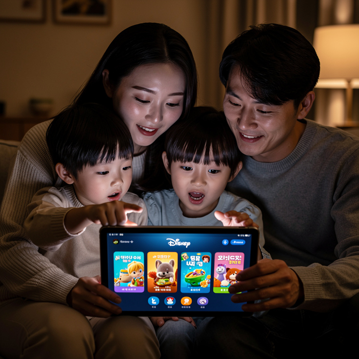 한국 가족이 디즈니 플러스 애니메이션을 보며 함께 영어를 배우는 따뜻한 모습