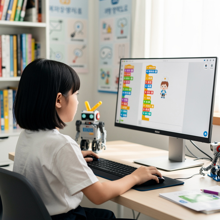 블록 코딩 소프트웨어로 논리력을 배우는 한국 초등학생