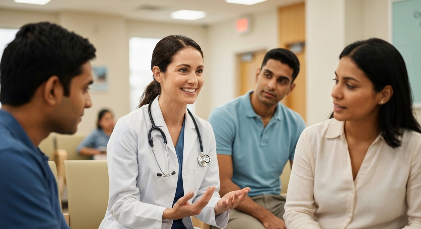 의사와 부모들이 어린이 예방접종에 대해 상담하며 질문하고 답변하는 모습