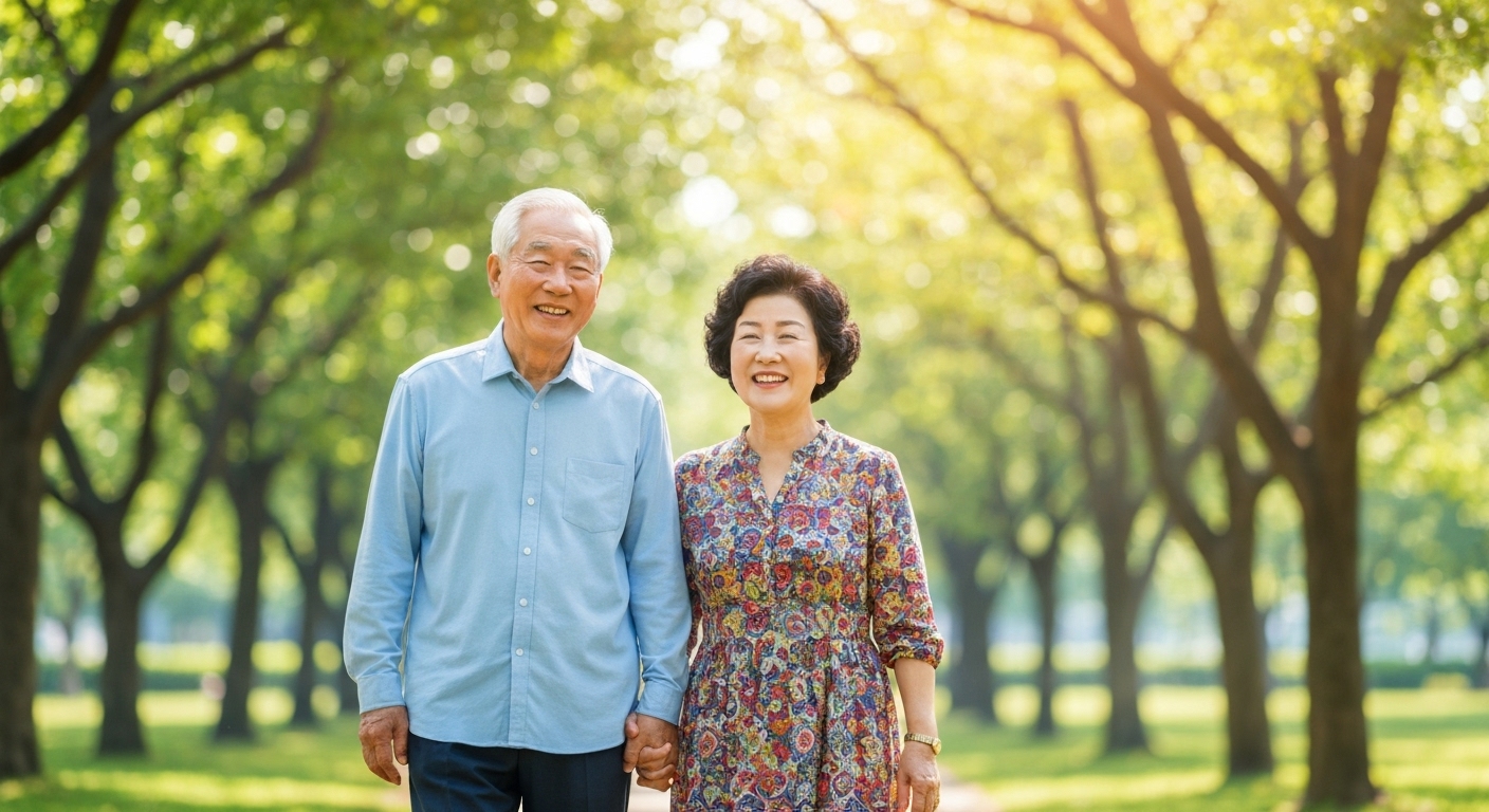 공원에서 다정하게 산책하며 미소 짓는 건강한 노부부의 모습
