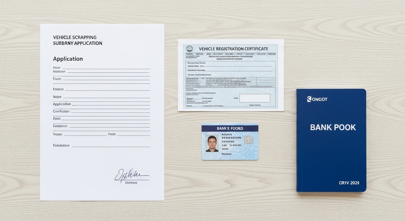 조기폐차 신청에 필요한 서류들이 책상 위에 정리되어 있는 모습