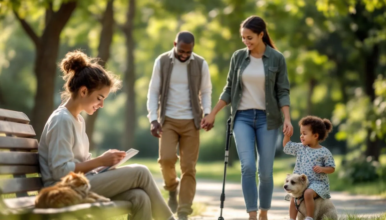 다양한 배경을 가진 사람들이 반려동물과 함께 있는 모습, 차상위계층 지원의 다양성 상징.