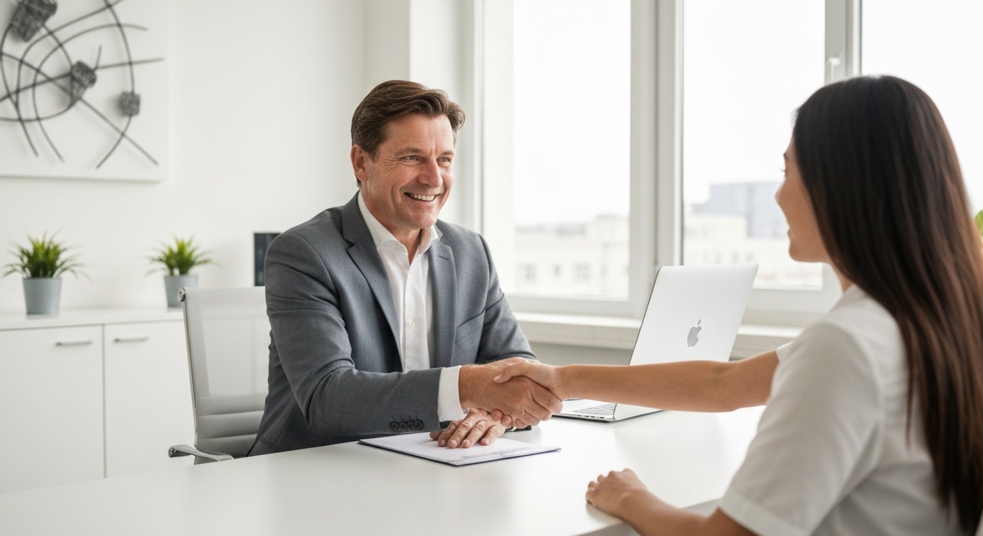 NGO 담당자와 한 대학생이 성공적인 면접 후 악수를 나누며 미소 짓는 모습