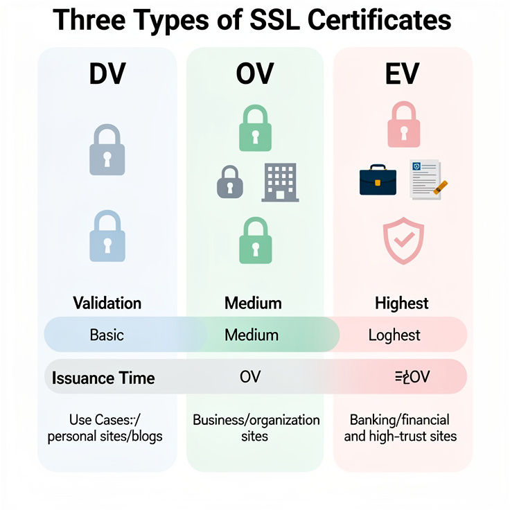SSL 인증서 종류 DV OV EV의 차이를 도식화한 인포그래픽 이미지