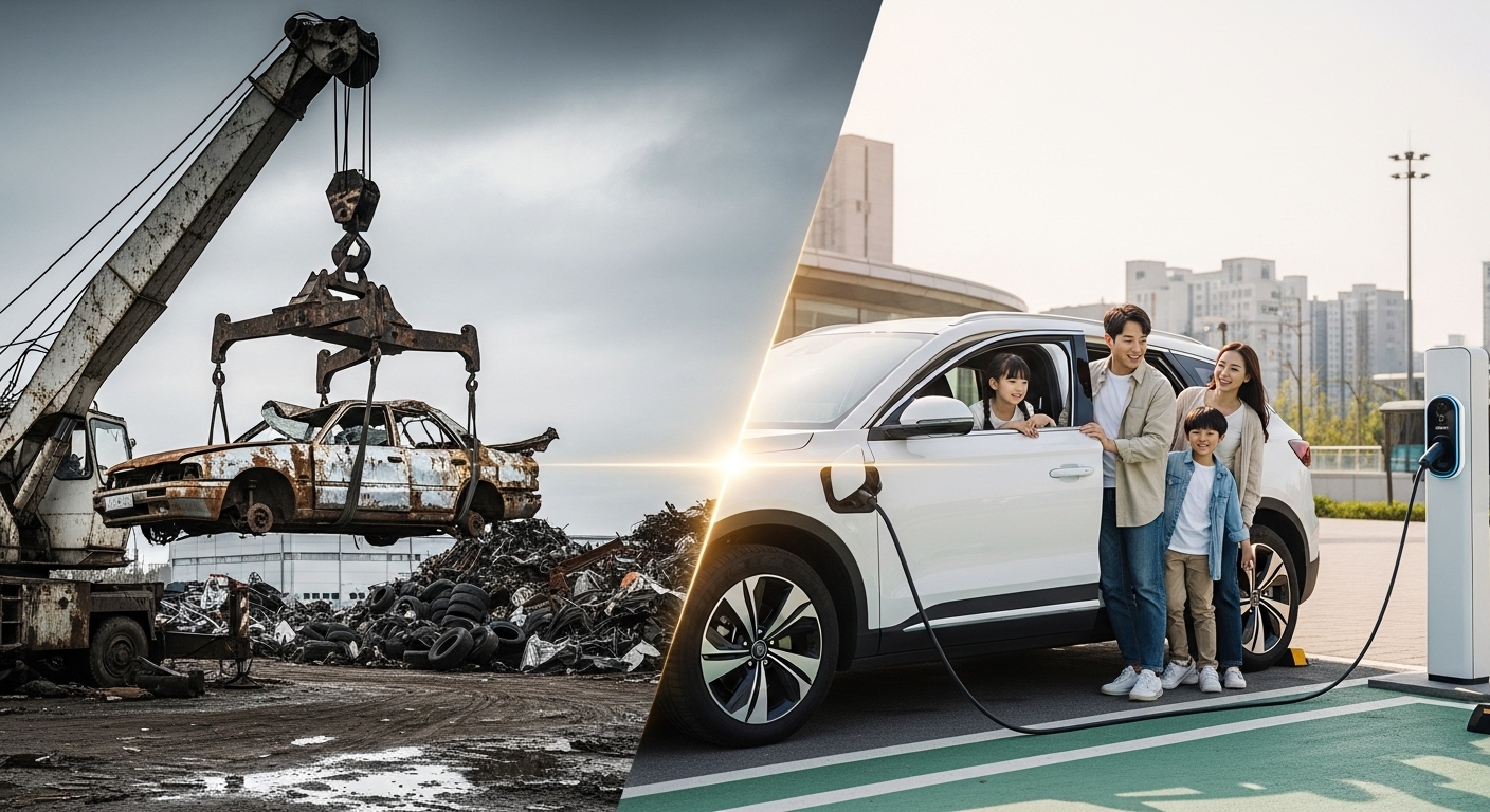 낡은 차를 폐차하고 받은 지원금으로 새 전기차를 구매하여 혜택을 극대화하는 전략을 보여주는 이미지