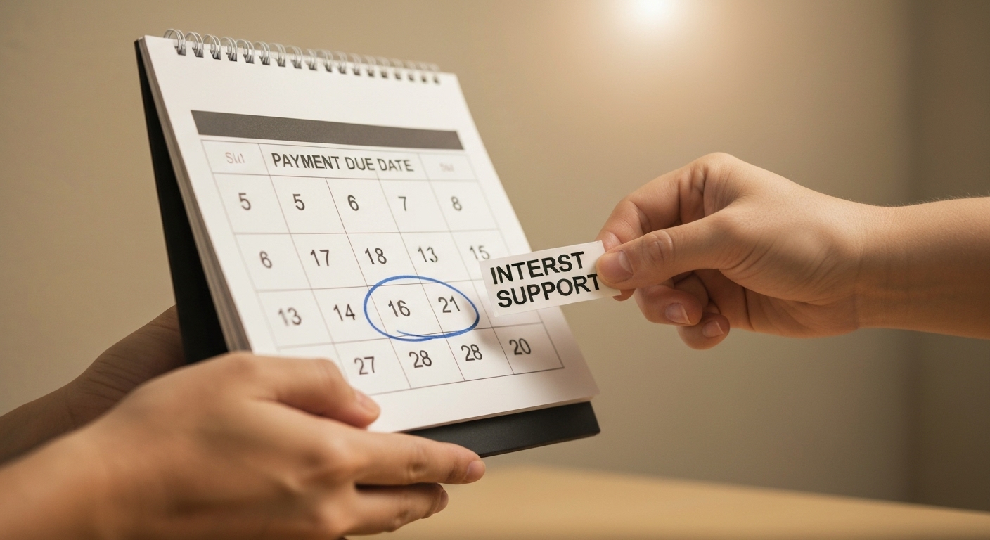 전세 대출금 잔금일을 표시한 달력 위에 '이자 지원'이라고 적힌 스티커를 붙여 금융 부담이 줄어드는 것을 시각적으로 표현한 이미지