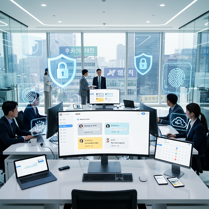 한국 미래형 사무실에서 AI 비서가 능동적으로 일정 알림과 경고를 제공하며, 엔터프라이즈급 보안 아이콘으로 데이터 보호가 강조된 모습