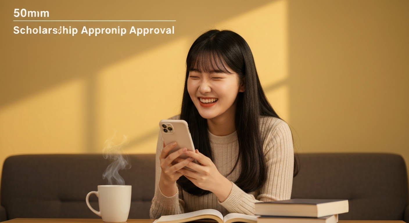 국가장학금 합격 소식을 스마트폰으로 확인하는 한국 대학생 모습