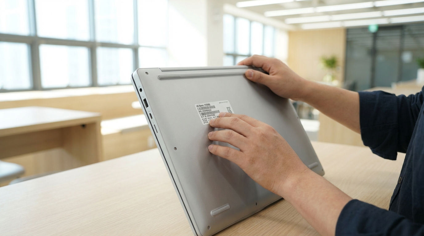 노트북 바닥면 라벨 스티커를 확인하는 모습