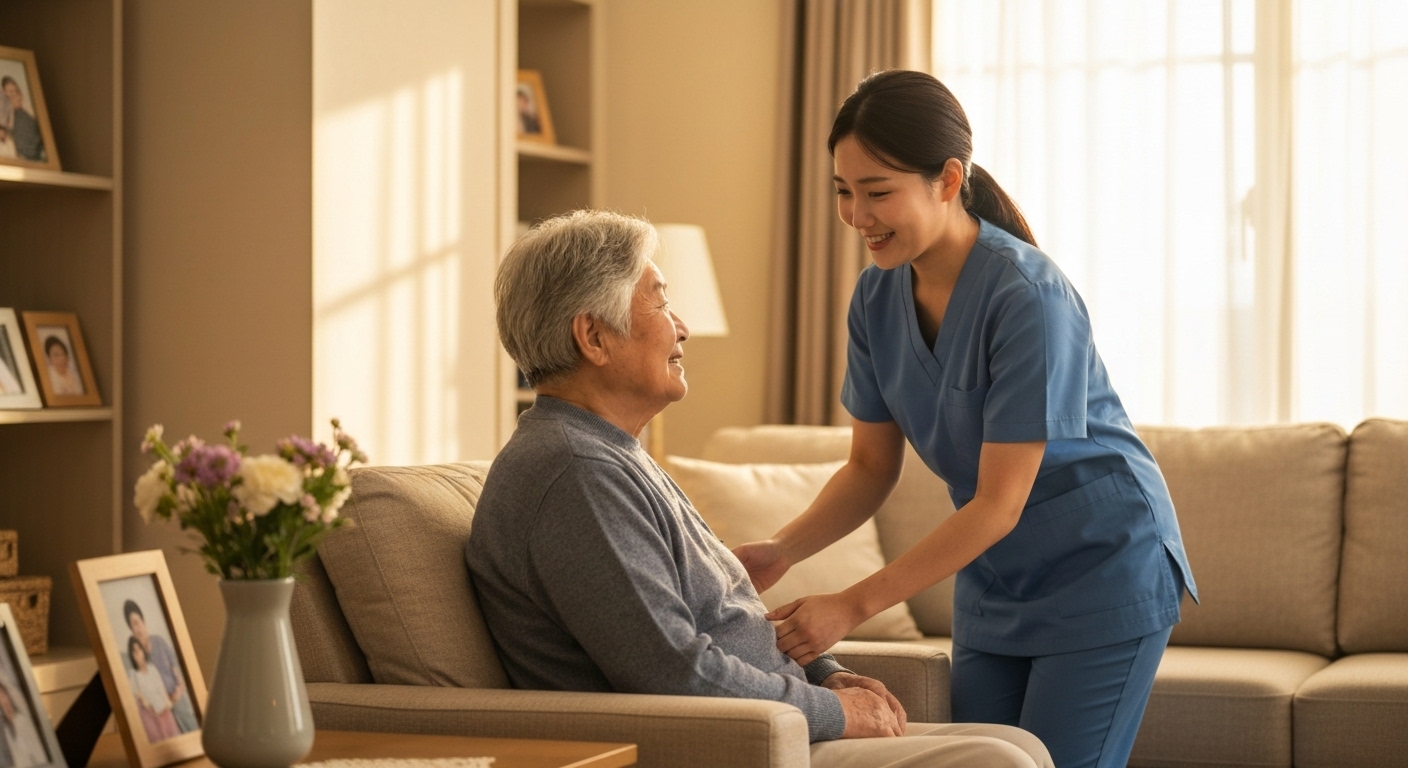 한국의 노인장기요양보험을 통해 재가 방문 간병 서비스를 받는 모습