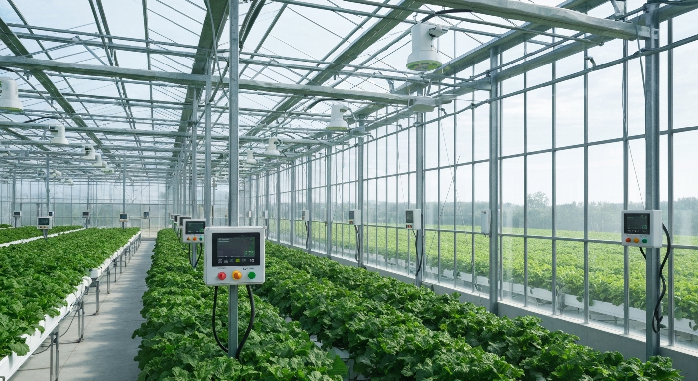 한국의 현대 스마트팜 온실 전경, 첨단 기술과 센서가 장착된 유리온실 모습