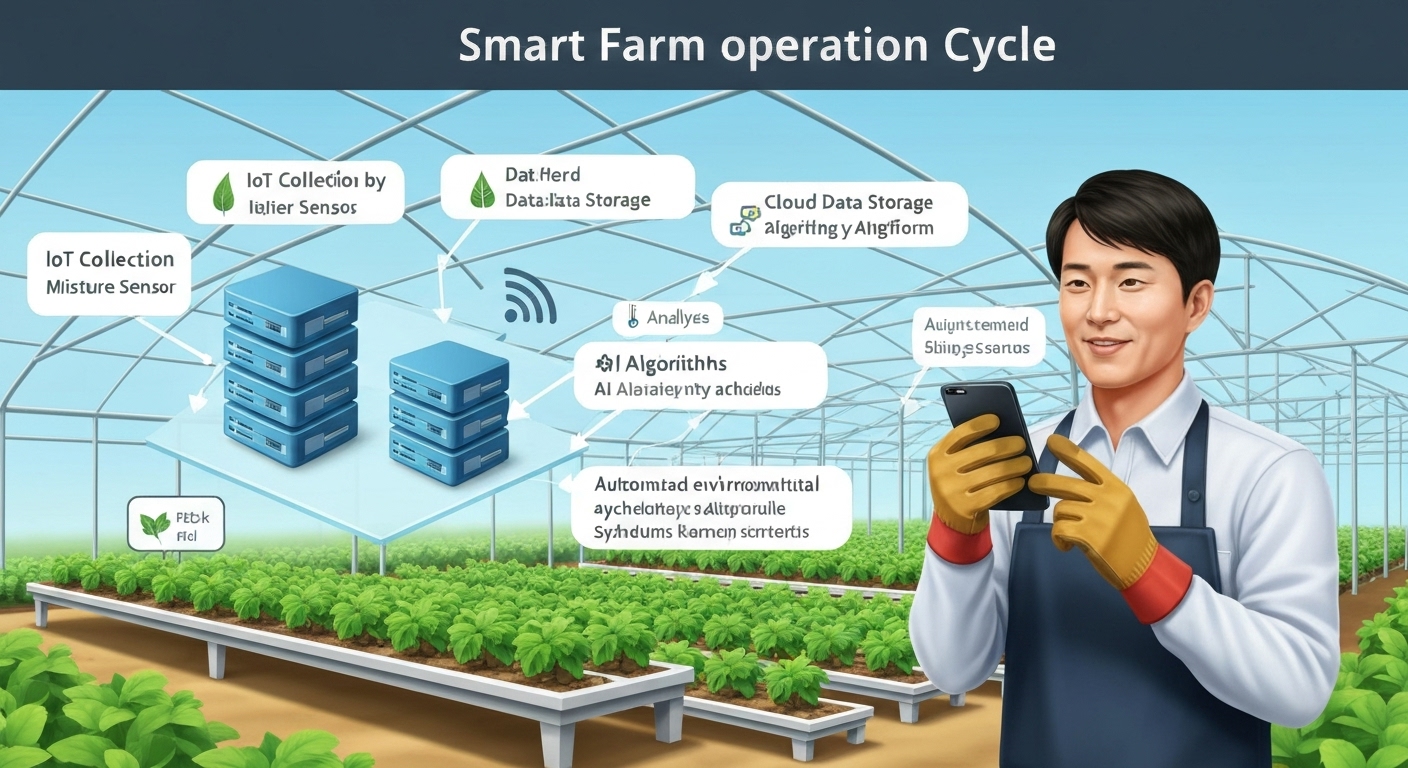 스마트팜 작동 원리 단계별 설명과 한국 농부가 스마트폰으로 원격 모니터링하는 모습