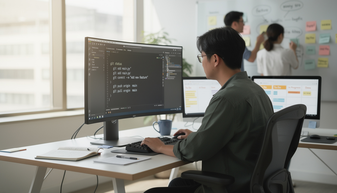 Git 기본 명령어를 사용하는 개발자의 모습
