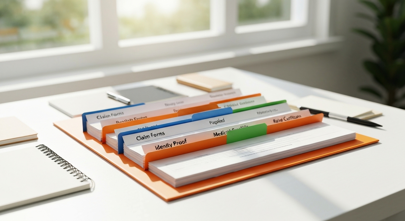 보험금 청구에 필요한 서류들이 정리된 폴더와 책상 모습
