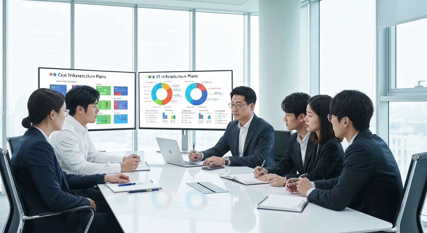 한국 사무실에서 IT 인프라 계획과 비용 최적화 전략을 논의하는 비즈니스 미팅 장면