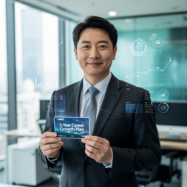 한국의 직장인이 내일배움카드를 들고 5년 커리어 성장을 계획하는 모습