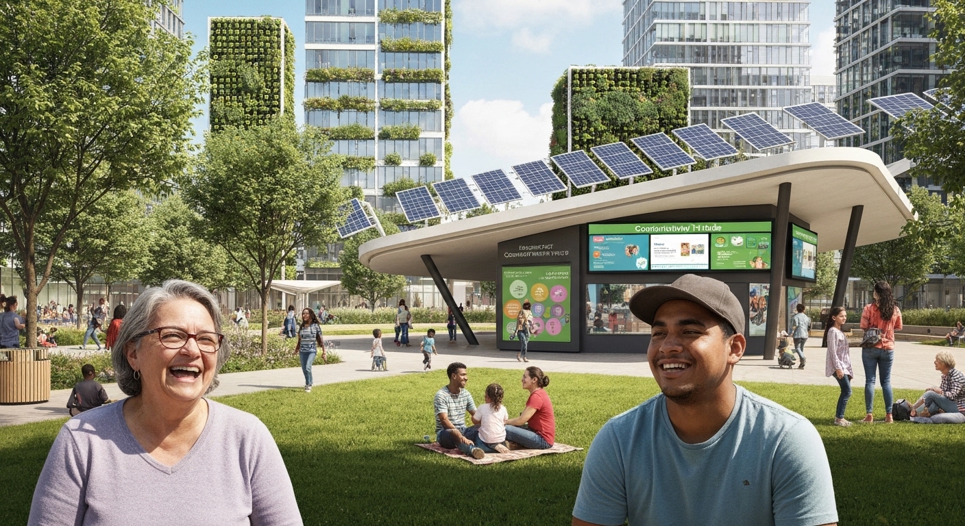 첨단 기술이 적용된 친환경 공원에서 다양한 시민들이 함께 어울리는 행복한 모습