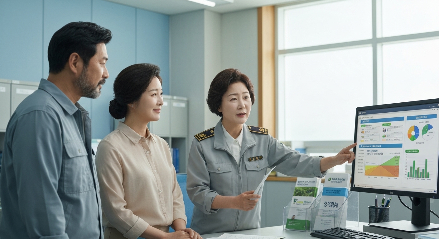 지자체 농업 상담센터에서 귀농 지원 상담을 받는 중장년 한국인 부부