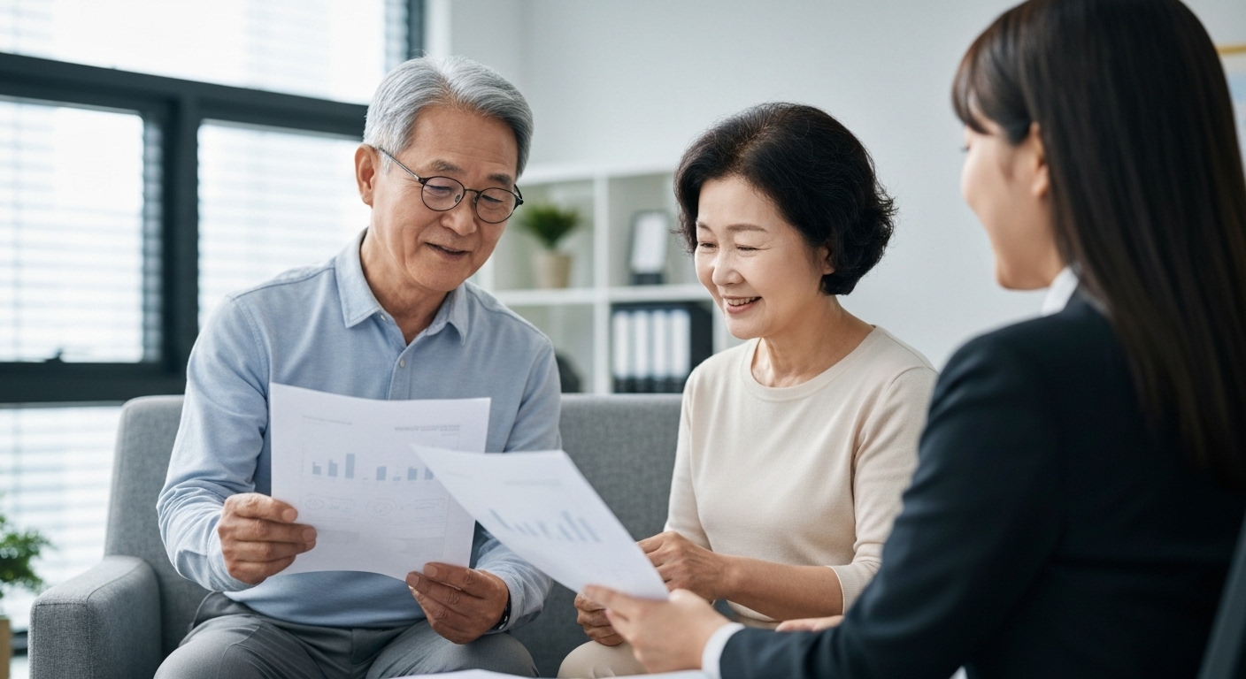 현명한 노후 준비를 위해 금융 상담과 연금 관리 중인 한국 노부부