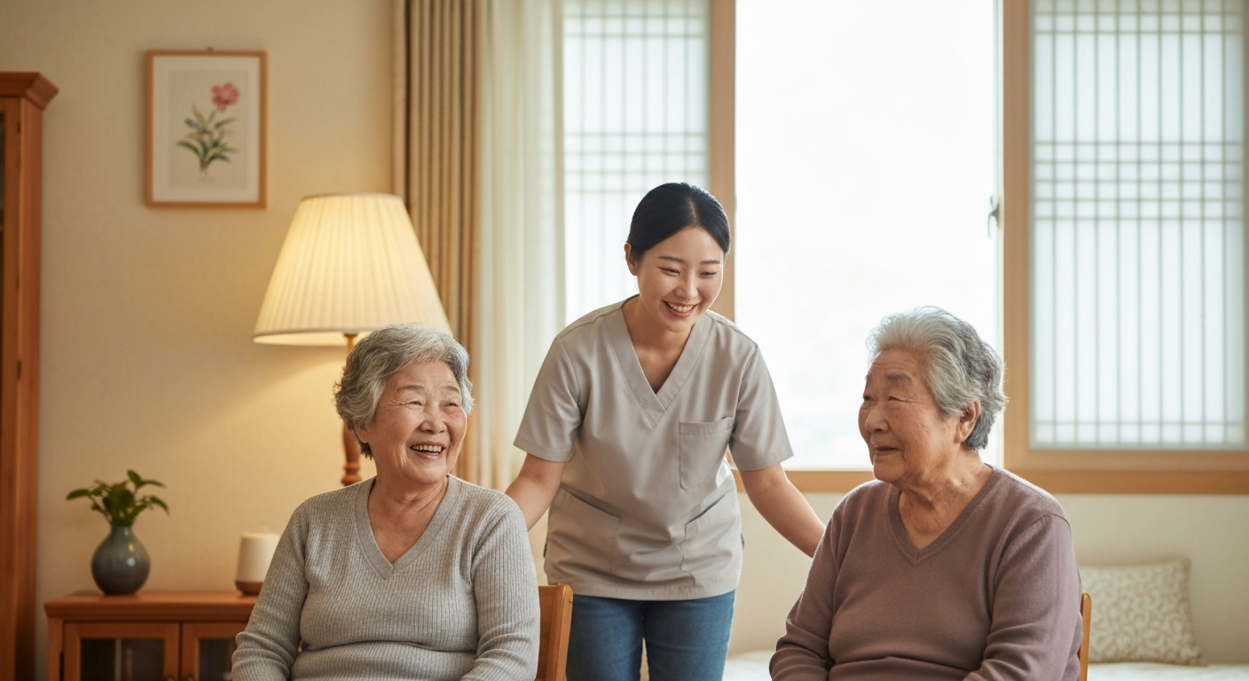한국 가정에서 한 명의 간병인이 여러 어르신을 돌보는 공동 간병 모습