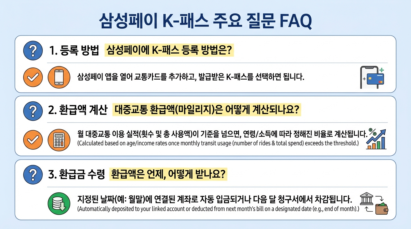 삼성페이 K-패스 자주 묻는 질문 주요 내용 그래픽