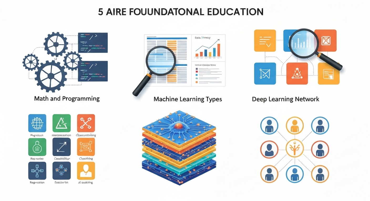AI 기초 교육의 5단계를 시각화한 개념적 이미지