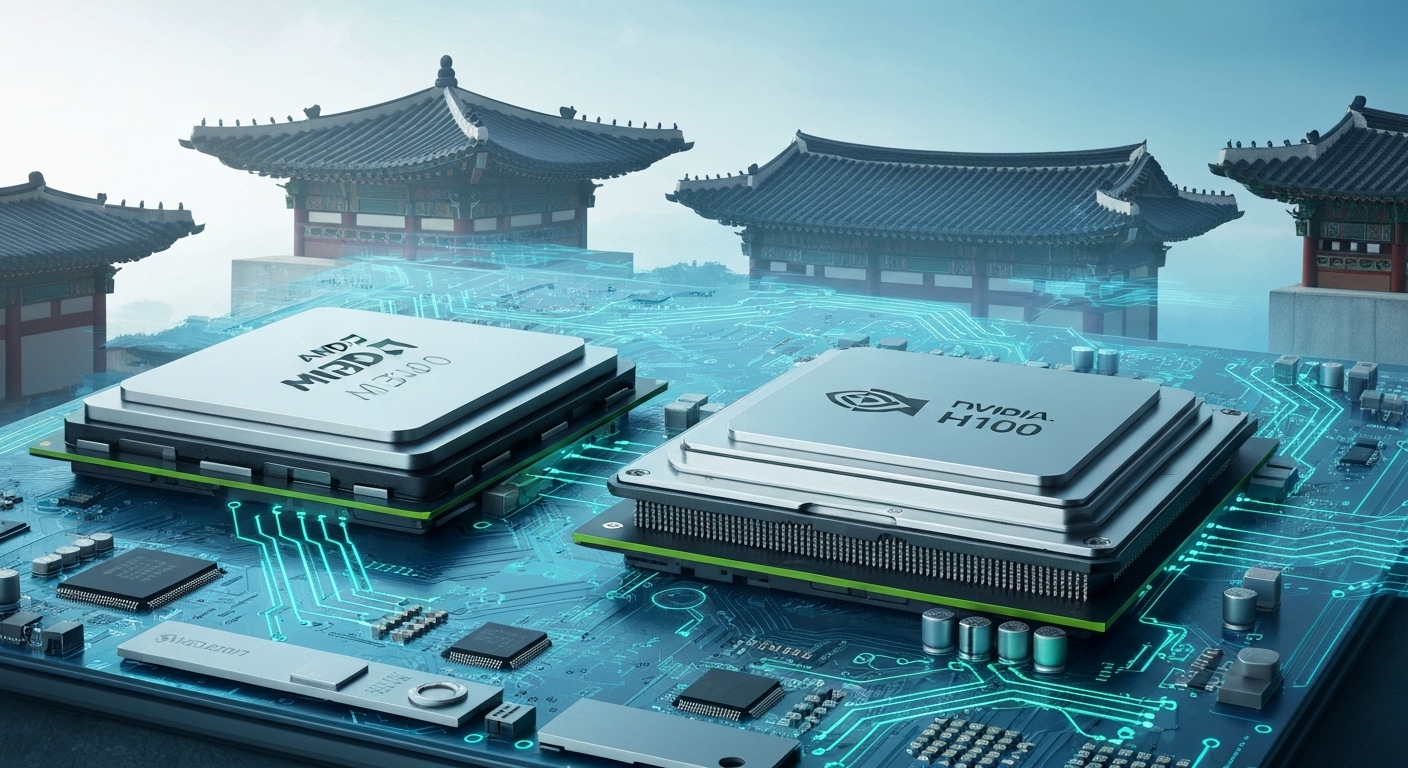 AMD MI300과 NVIDIA H100 AI 반도체가 첨단 마더보드 위에 나란히 놓여 있는 모습