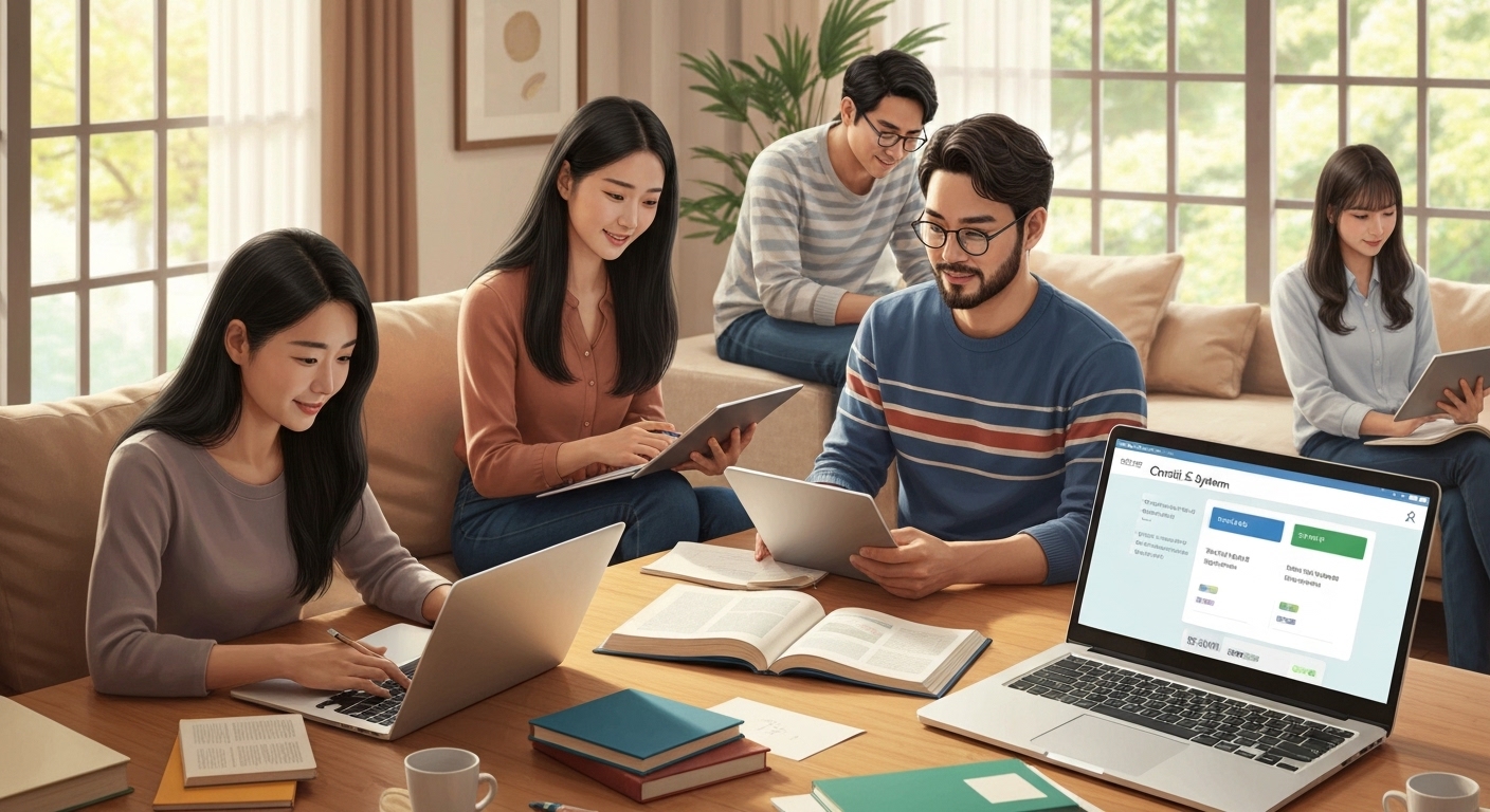 학점은행제를 통해 집에서 온라인으로 공부하는 다양한 연령대의 한국 성인들 모습