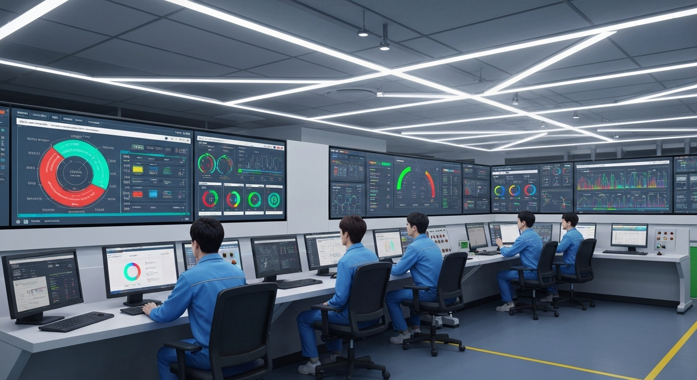 한국의 현대 스마트팩토리 제어실 내 생산 데이터 분석과 자동화 과정이 표시된 디지털 패널들