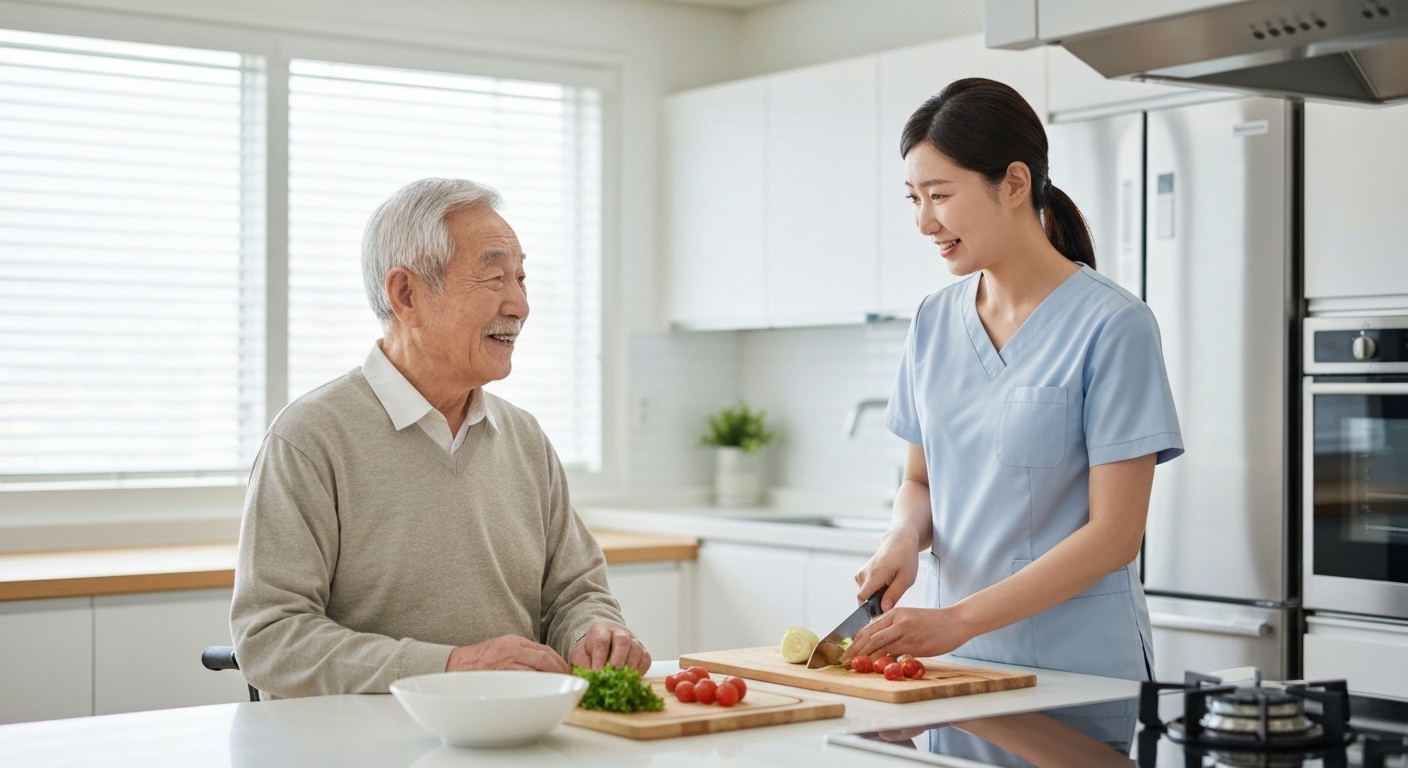 한국 가정에서 노인 돌봄 서비스를 받는 노인과 요양보호사의 모습