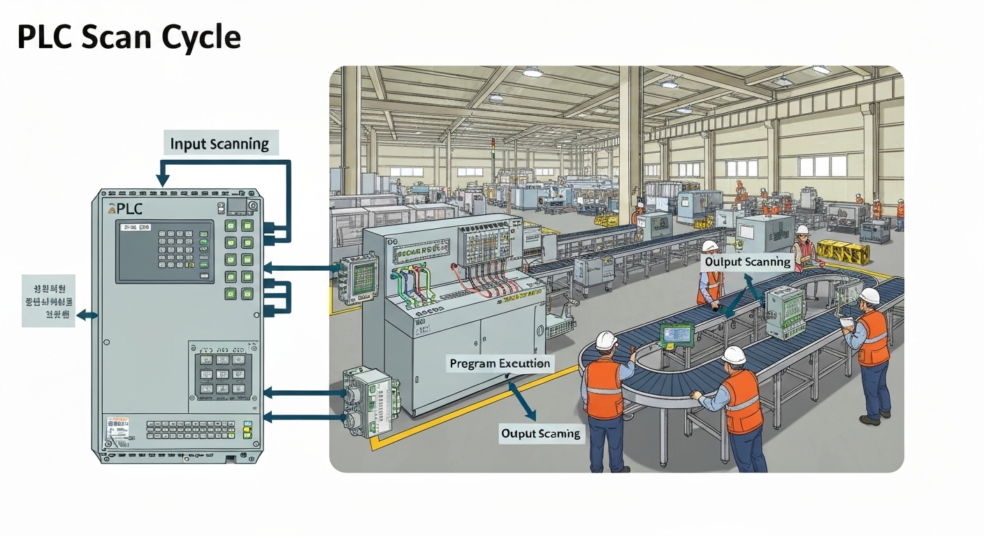 PLC 스캔 사이클의 입력, 실행, 출력 단계 설명 이미지