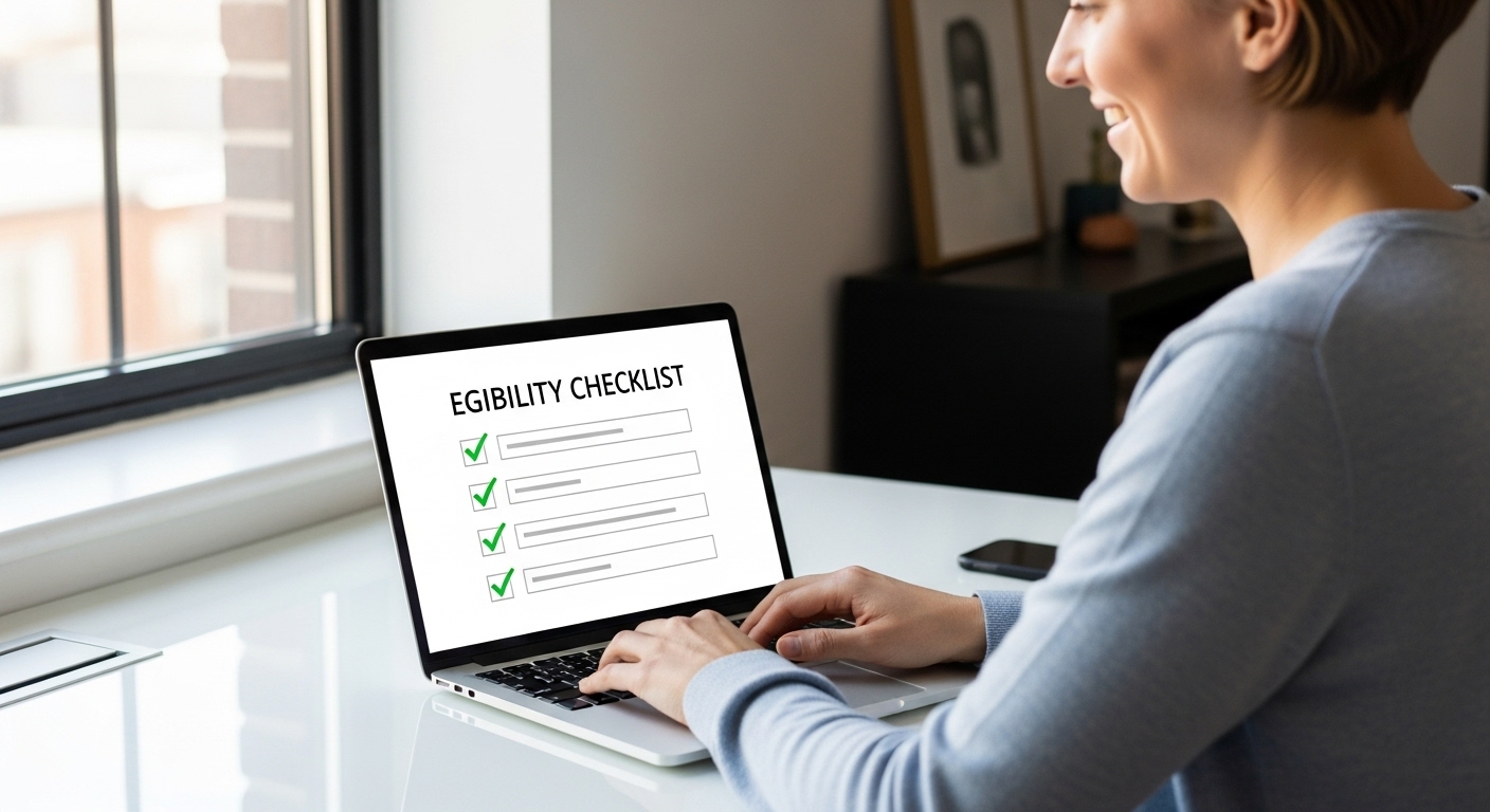 노트북으로 내일배움카드 자격조건을 확인하는 사람