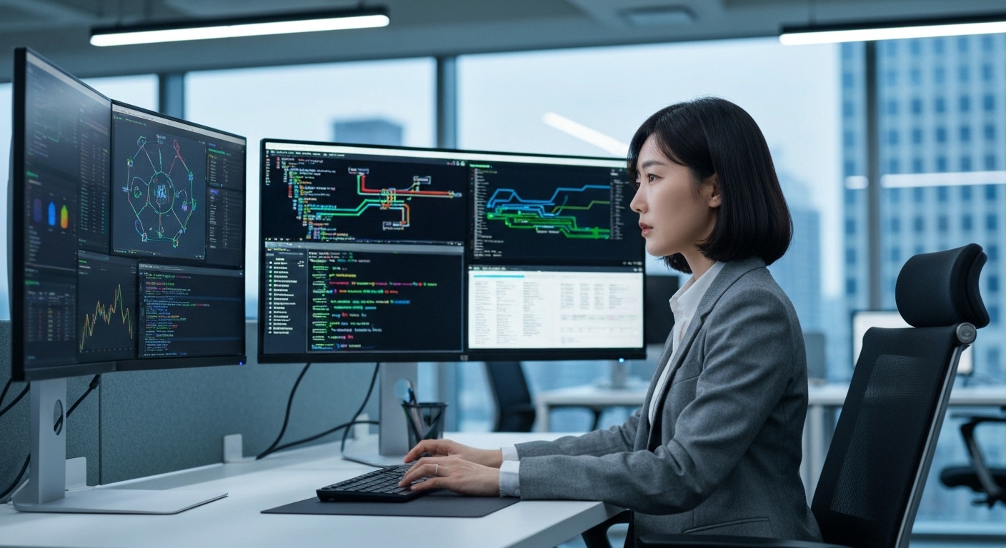 빅데이터 과학자가 복잡한 모델과 데이터를 분석하는 모습