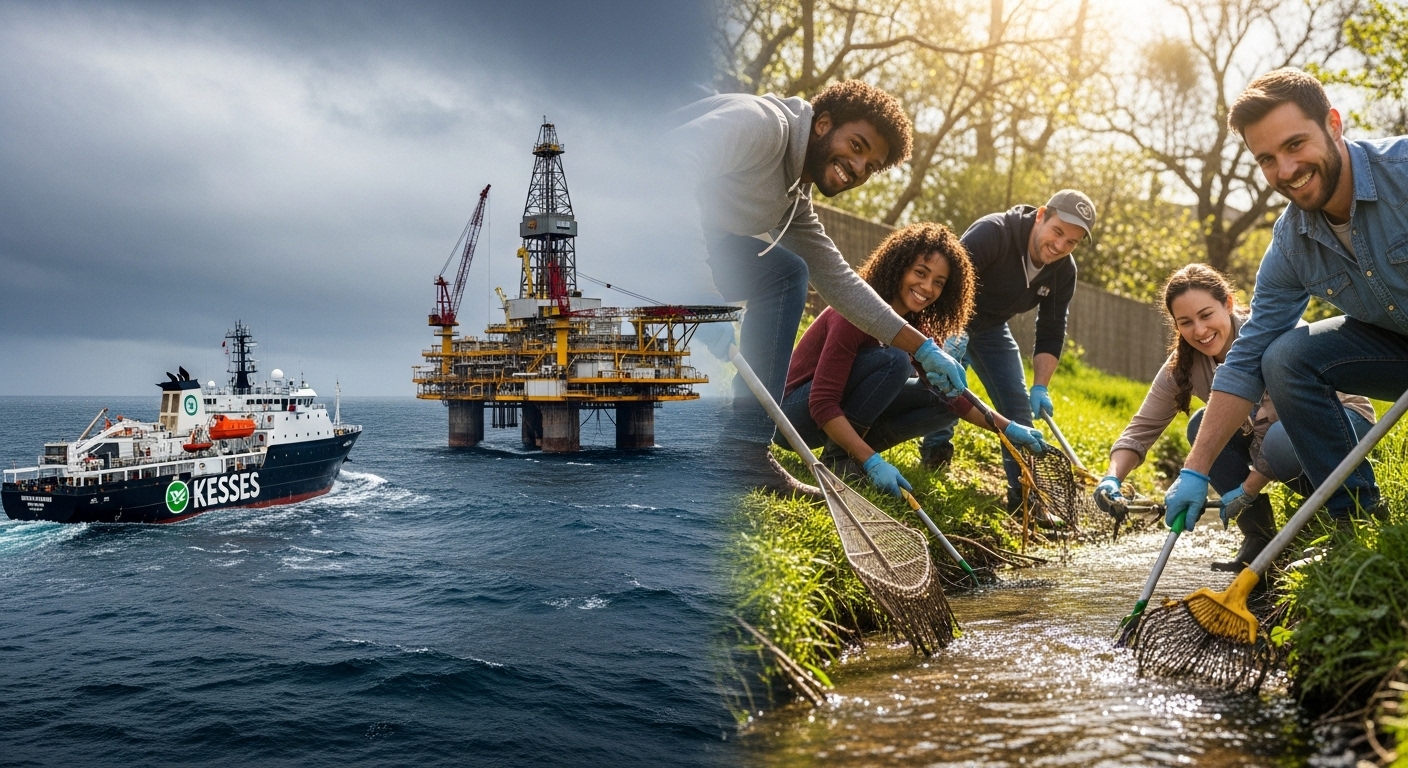 국제적인 환경 NGO 활동과 지역 시민단체의 활동을 나란히 보여주는 대비 이미지