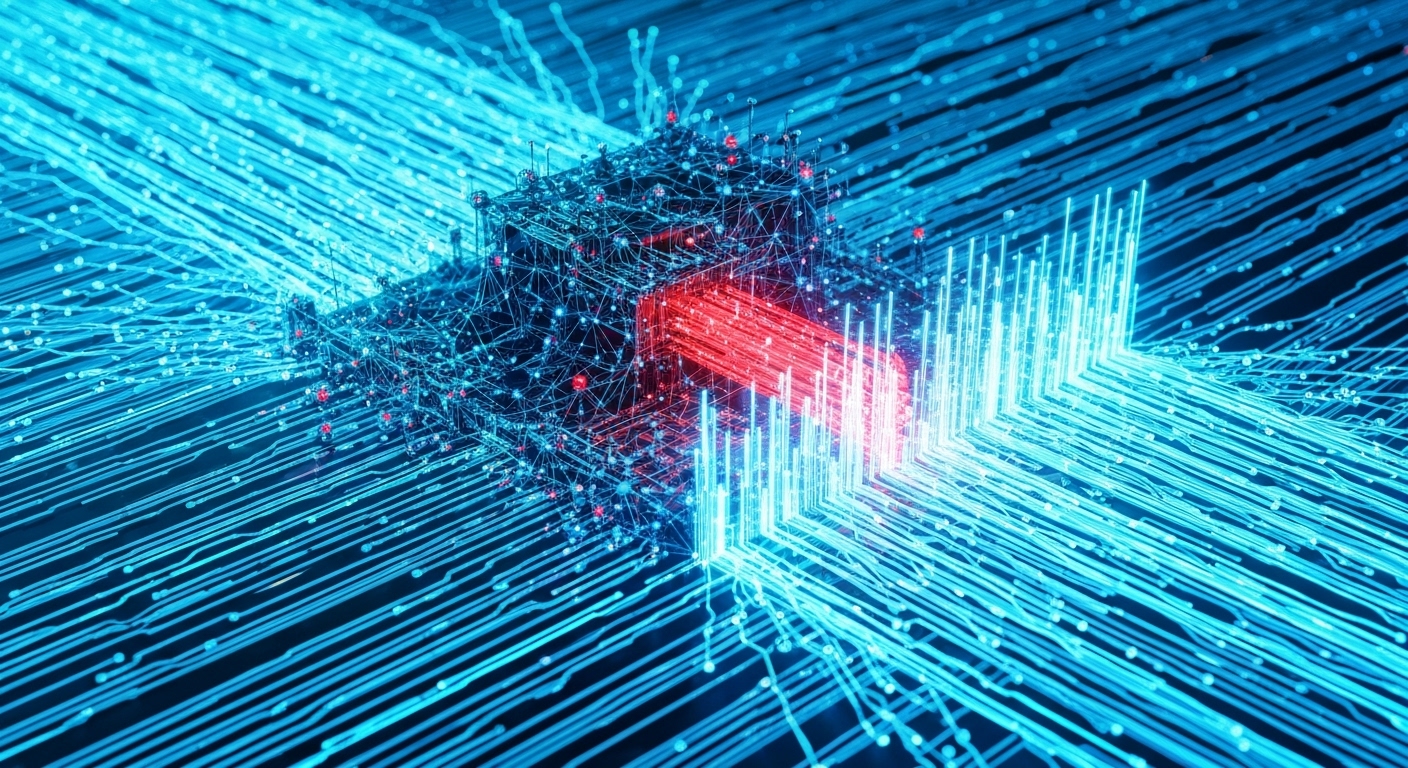 AI 신경망이 데이터 흐름 속에서 악성 위협을 탐지하고 자동으로 차단하는 이미지