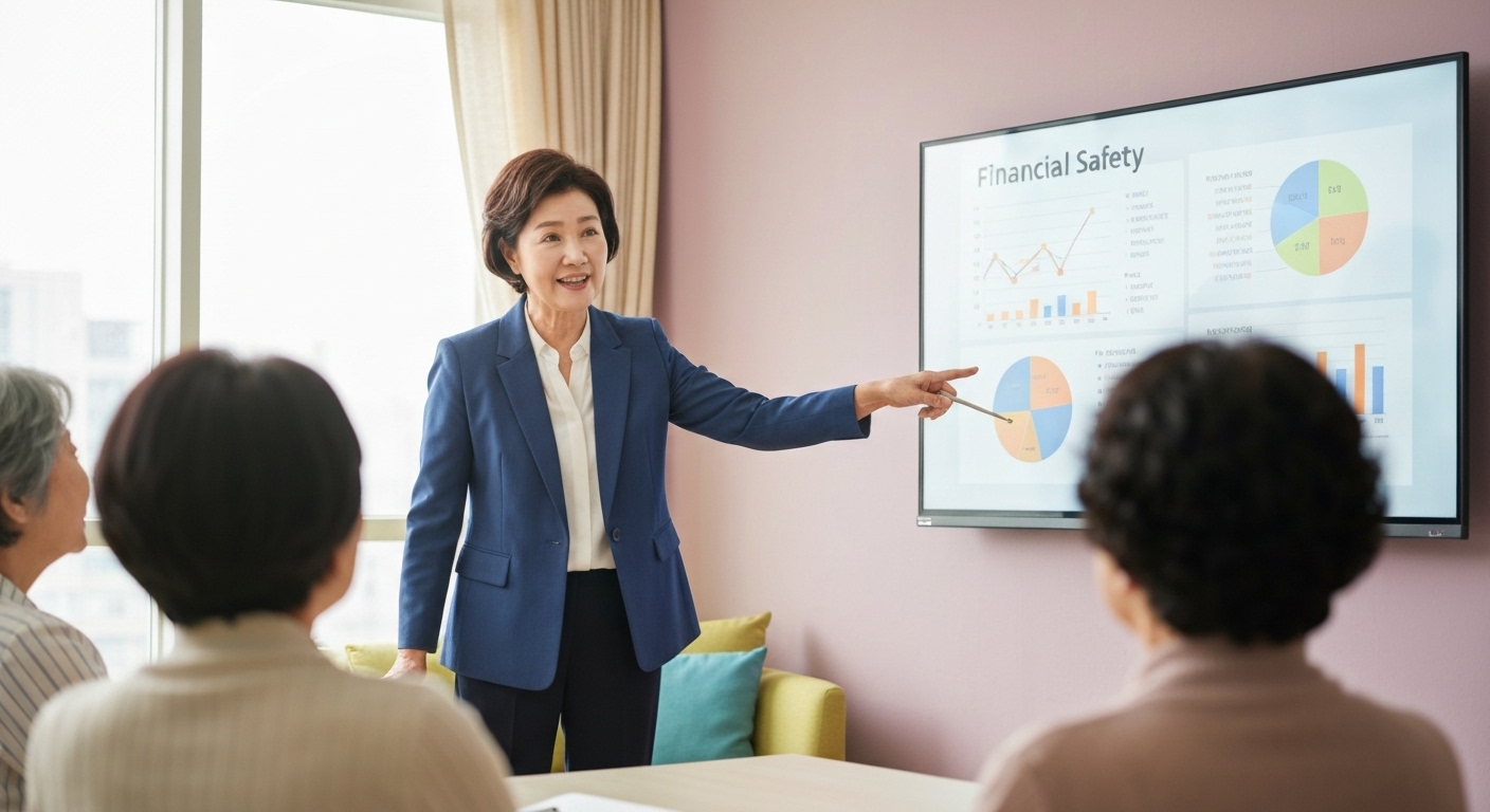 금융 교육 강사로 활동하는 시니어 여성이 동년배들에게 금융 사기 예방에 대해 강의하는 모습