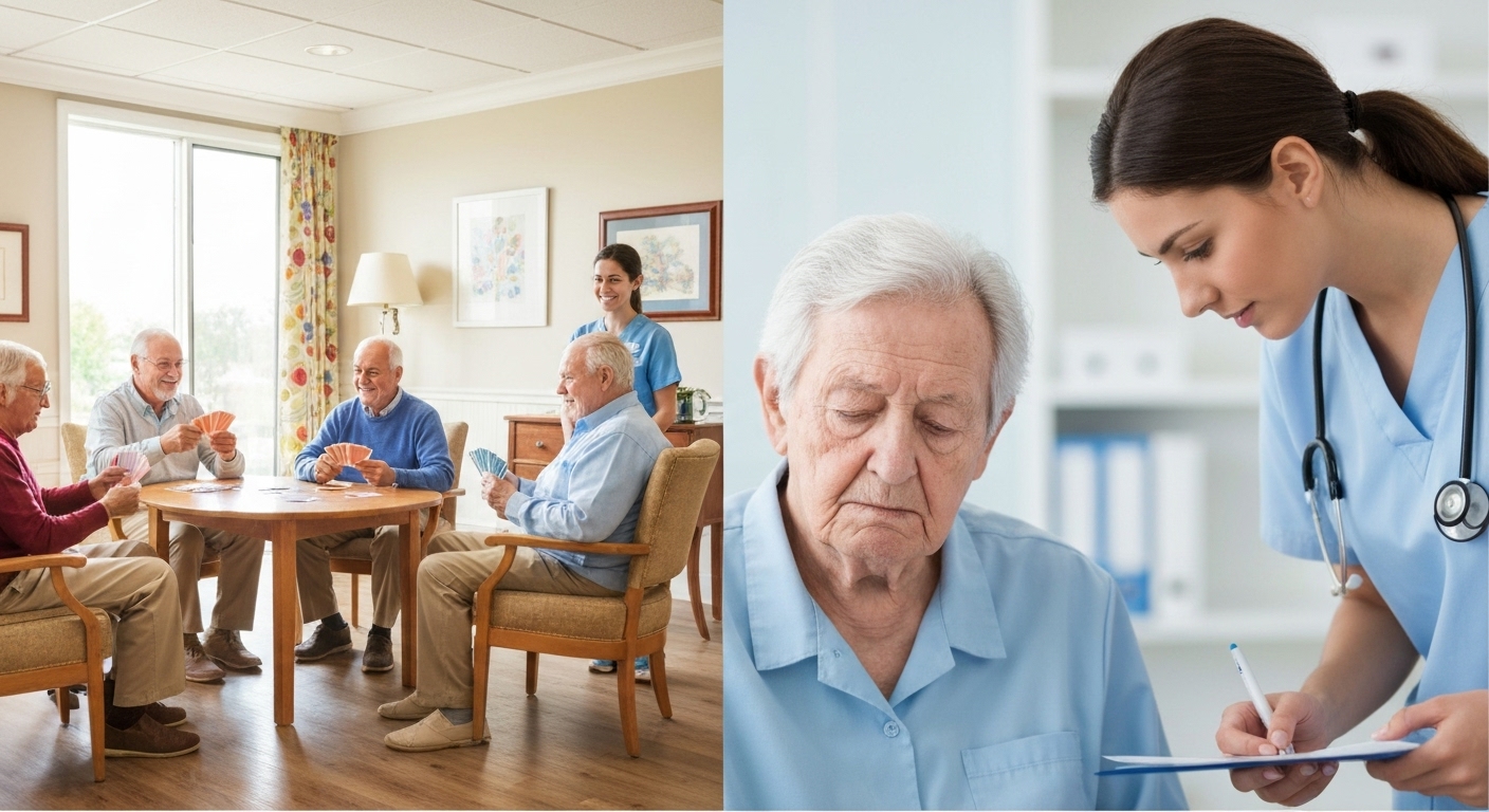 재가급여와 시설급여를 비교하는 이미지로, 집에서 돌봄받는 노인과 요양 시설에 있는 노인의 모습을 나란히 보여줌