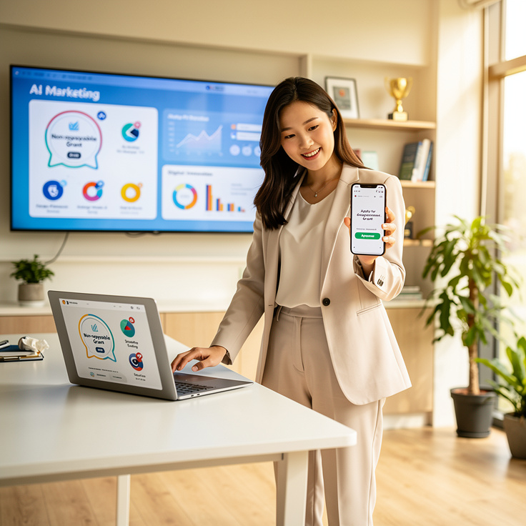 정부의 갚지 않아도 되는 경력단절 여성 창업 지원금과 디지털 혁신을 활용하는 여성 창업가 이미지