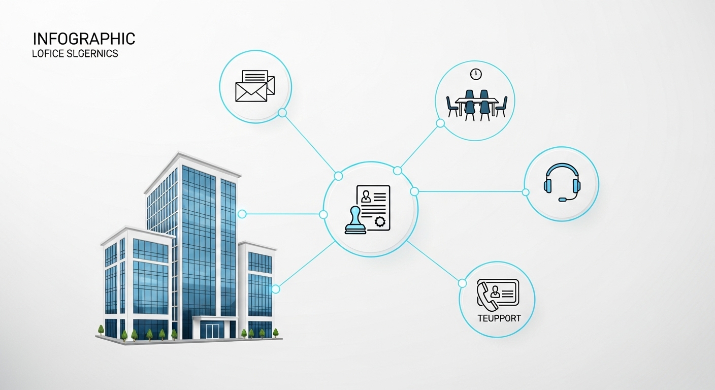 비상주사무실이 제공하는 사업자등록 주소지, 우편물 관리, 회의실 대여 등 핵심 서비스를 표현한 인포그래픽